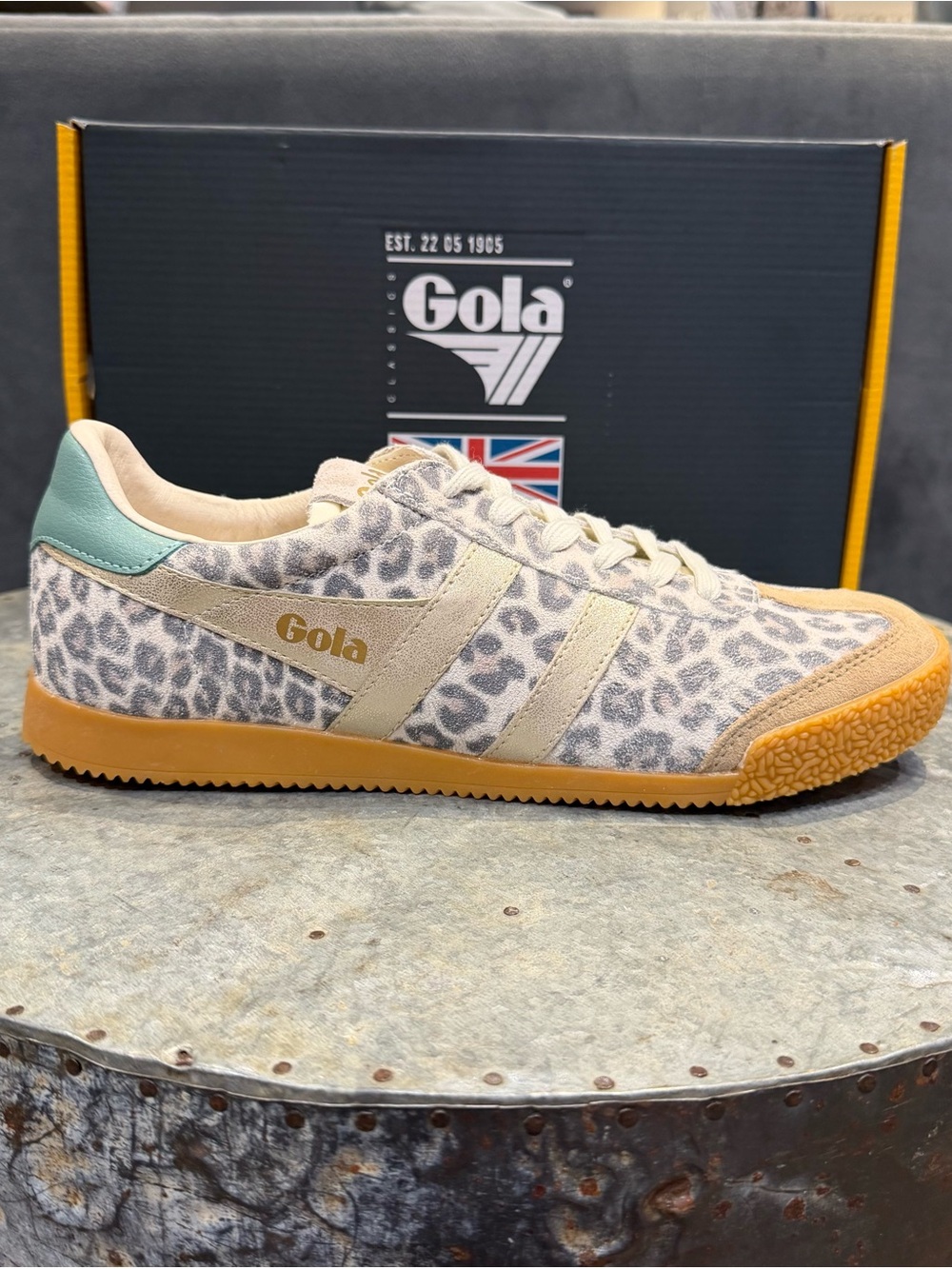 Gola Leopard-Print Trainer with Beige Suede & Mint Heel
